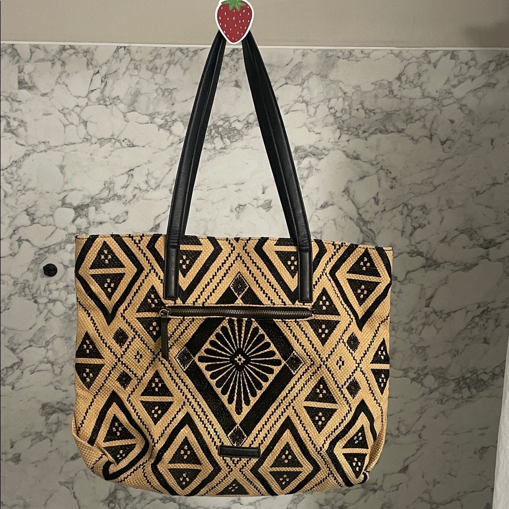 Geometric Patterned Lucky Brand Tote Bag - Black and Tan